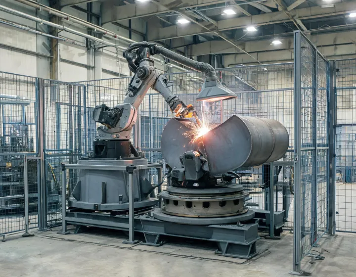 Single-station robotic welding cell with positioner and guarding during specification review
